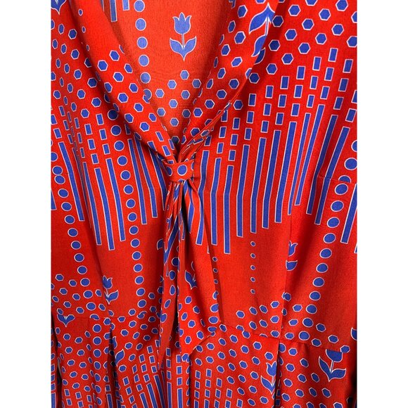 ModCloth Dress Womens 10 Fit and Flare Long Sleeve Pleated Red Blue Print Fall - Picture 16 of 16